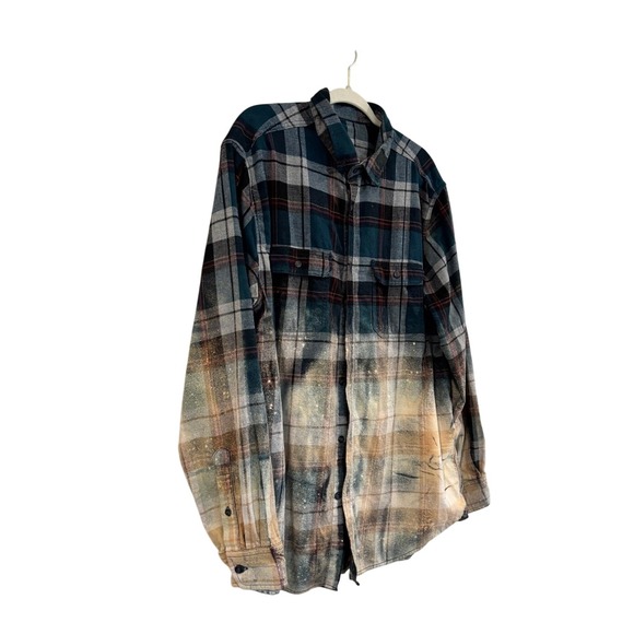 Unbranded Other - Flannel Shirt George Teal Plaid Custom Bleached Dip Dye Grunge Distressed